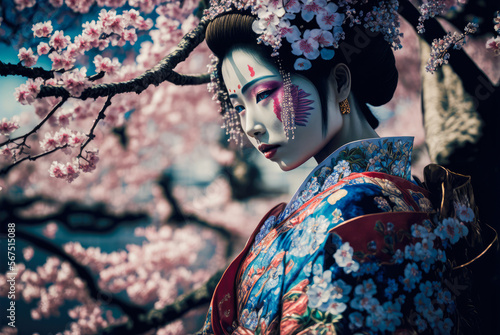 Japanese geisha woman under pink blooming cherry tree in spring, generative AI