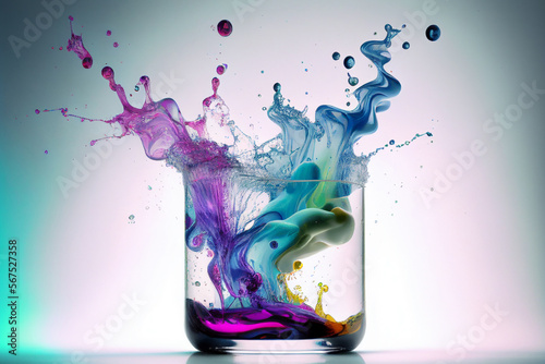closeup of a glass in a chemical reaction with different colored substances made with Generative AI