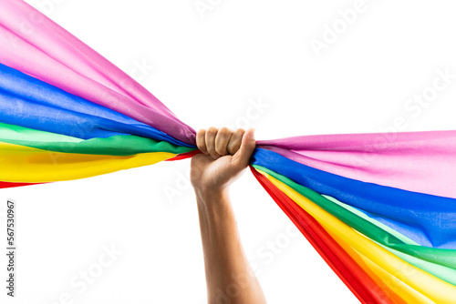 Hand holding rainbow coloured flag with copy space on white background