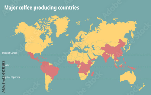 World map with the major coffee producing countries