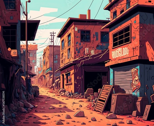 cartoon illustration, ghetto street with poor and dirty houses, generative AI