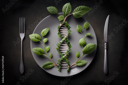 DNA food and genetically modified foods, DNA helix structure on plate. Generative Ai.