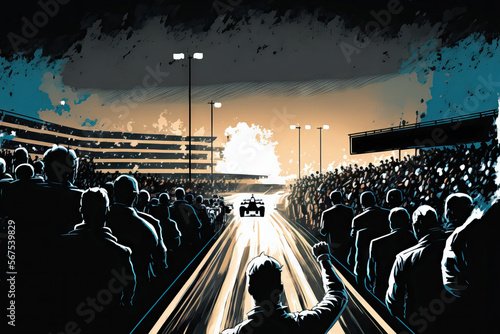 Finish line on an asphalt racetrack with people cheering and floodlights on. Racing sports are expertly illustrated digitally. Generative AI