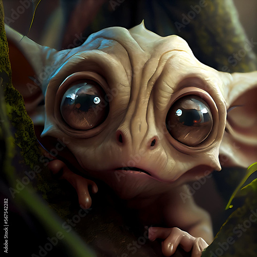 An adorable, cute, big-eyed tree goblin or gargoyle. You will fall in love when you look into their eyes. This is a generative AI photo.