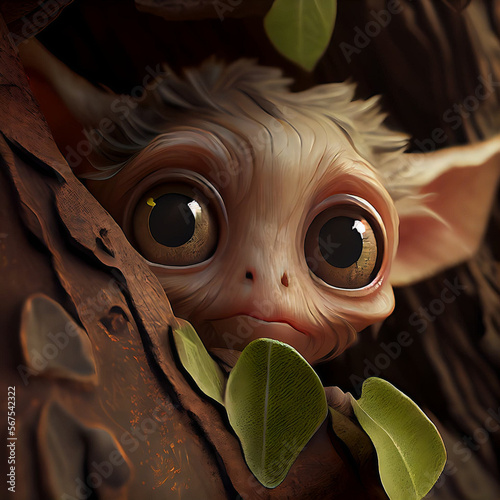 An adorable, cute, big-eyed tree goblin or gargoyle. You will fall in love when you look into their eyes. This is a generative AI photo.