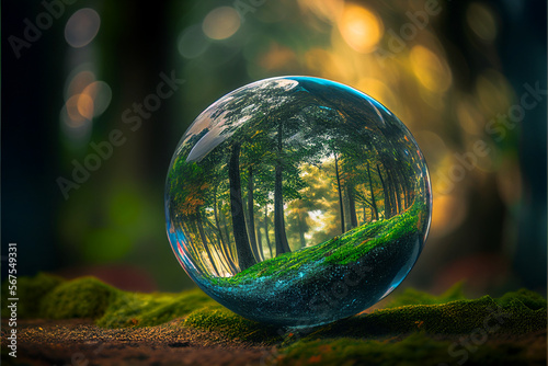 Close up of a glass globe in the forest. Environmental conservation concept. Landscape. Generative ai