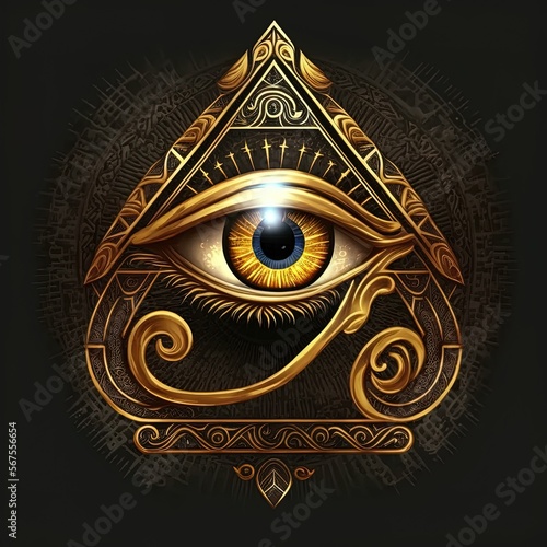 Generative AI the golden eye of horus with golden effect on black background, Representation of the solar eye or the Eye of Ra, symbol of the ancient Egyptian god of the sun
