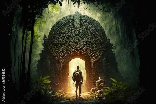 Mayan gate in the forest. Generative AI. Concept art of an explorer walking in the middle of the jungle through a secret gate. An adventurer in a green tropical rainforest discovering a secret passage