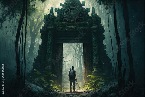 Mayan gate in the forest. Generative AI. Concept art of an explorer walking in the middle of the jungle through a secret gate. An adventurer in a green tropical rainforest discovering a secret passage