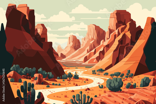 grand canyon. Desert landscape with mountains and river. Vector illustration in flat style