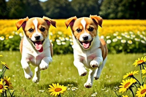 Adorable puppies jumping in a field of daisies and flowers