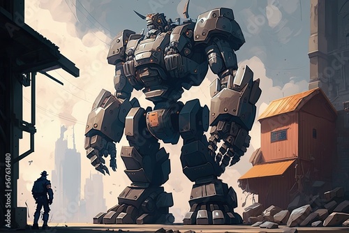 a man standing in front of a huge robot, digital concept art, ai art, illustration