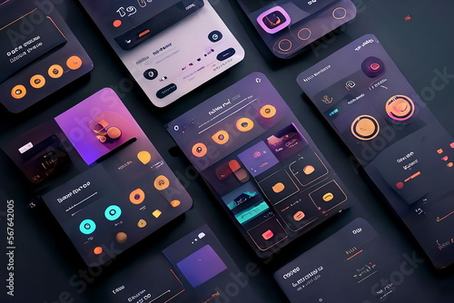 Modern user interface design template. Conceptual mobile phone screen mock-up for application interface. Aesthetic, dark purple, orange, blue, black.