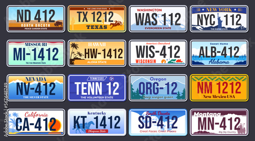 Vehicle registration numbers in the USA. Abstract beautiful license plates for different states of America. Vector illustration