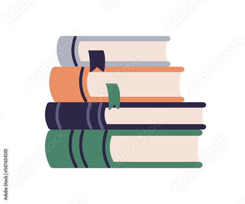 Books stack. School textbooks, academic paper literature with bookmarks. Dictionaries, encyclopedias, nonfiction publications. Knowledge concept. Flat vector illustration isolated on white background