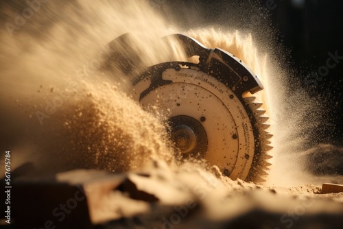 Close up wood circular saw sawing wood with flying chips and dust in warm light
