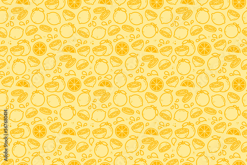 Citrus fruits seamless pattern for package, kitchen design, fabric and textile. Lime, lemon, orange print in outline style