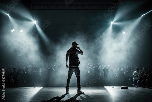 Generative Illustration AI of hip hop singer on stage during a concert illuminated by show lights