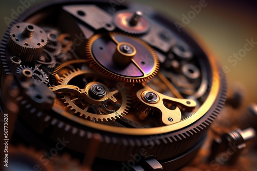 Gears and cogs in clockwork watch mechanism. Craft and precision - elegant detailed stainless steel and metal