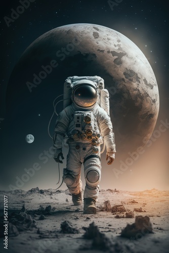 An astronaut walks in his space suit on a distant planet. Outer space