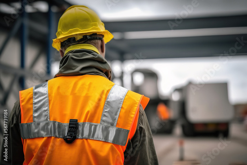 A worker or signaler man is wearied reflective vest uniform with background of construction site, Safety in industrial workplace concept. Generative Ai image. 