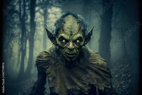 a goblin in a dark forest,scary goblin creature at night in the forest, fairy tale characters, Generative AI
