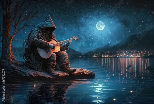 old bard play guitar sing song during full moon night, copy space background wallpaper fantasy theme, Generative ai