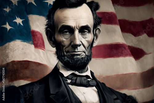 Abraham Lincoln on the background of the American flag. Abraham Lincoln birthday. Generative AI
