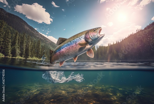 big rainbow trout fish jump off water, idea for fresh natural food ingredient concept, generative ai 