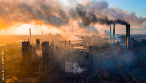 industry metallurgical plant dawn smoke smog emissions bad ecology aerial photography