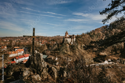 Dracula Bran Castle View from Hill with Cross