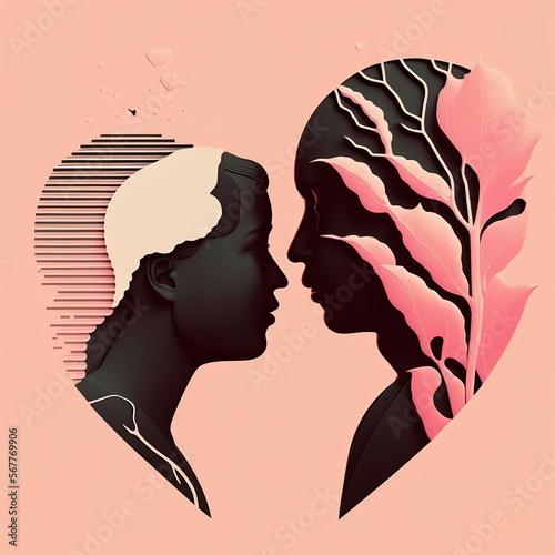 due ombre che si avvicinano per baciarsi e formano un cuore, su uno sfondo rosa