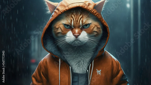 Cat in a leather jacket with a rapper or bandit, gangster, cool cat. Illustration. Generative AI.