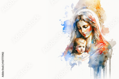 Mary and Jesus White background banner art, Generative Ai