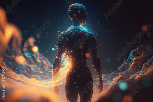 colorful illustration woman on a dark multicolored space background