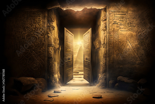 Inside the secret tombs of Egyptian Pharaohs. The tomb of King Tut, Egypt pyramid interiors illuminated by natural light falling through the gaps. Egyptian hieroglyphs on the walls. Generative AI.