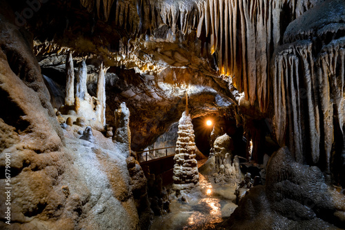 The “Kaiserhalle“ is a famous attraction in the “Dechenhoehle“ (Dechen Cave) in Iserlohn Sauerland Germany. The public show cave with colorful stalactites and stalagmites is popular touristical sight