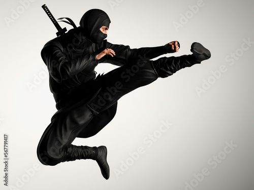 A ninja doing a flying kick. Traditional ninja style. 3D illustration.
