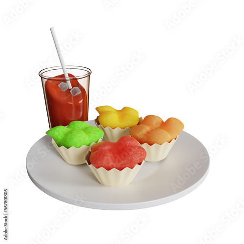 3d illustration of traditional Indonesian food bolu kukus on a plate with ice tea