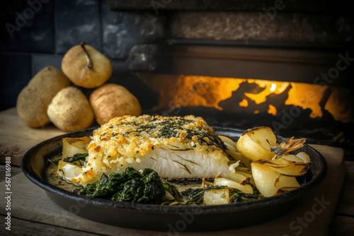 "Bacalhau com broa" codfish baked in the oven with roasted potatoes, red pepper, parsley, olives and onion and olive oil, popular portuguese dish ai generative