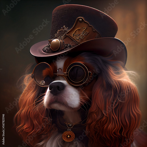King charles cavalier spaniel in cool steampunk style, generative ai