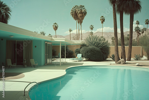 Poolside and house in Palm Springs, California, Generative AI