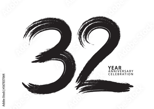32 year anniversary celebration logotype black paintbrush vector, 32 number design, 32th Birthday invitation, anniversary template, logo number design vector, calligraphy font, typography logo