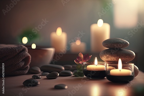 Spa items, massage, relaxation and relaxation. Stones, oils and candles.