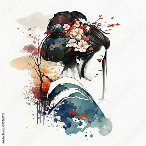 Traditional Geisha Japanese Logo Watercolor. Generative AI 