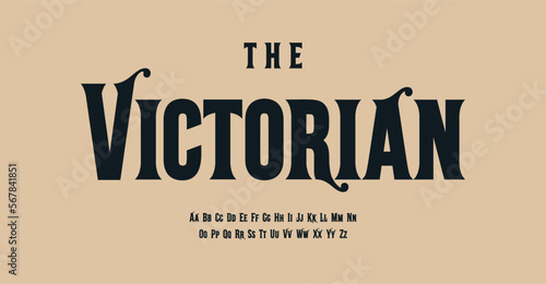 Victorian style alphabet, fancy serif letters, antique font for old fashioned logo, headline, monogram, vintage typography. Vector typographic design