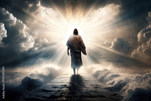Walk on Water, Jesus Christ walking on the sea of Galilee with beams of light, easter, generative ai