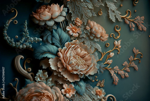 A wallpaper of a rococo blooms flowers dreamy intricate details pastel scheme tone fantasy fairytale aesthetic rococo luxurious style background,generative ai.