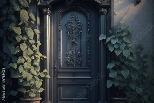  a painting of a door with a plant in front of it and a clock on the side of the door and a plant in front of the door. generative ai