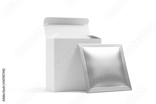 blank foil sachet with box packaging isolated on transparent background, prepared for mockup, 3D render. 